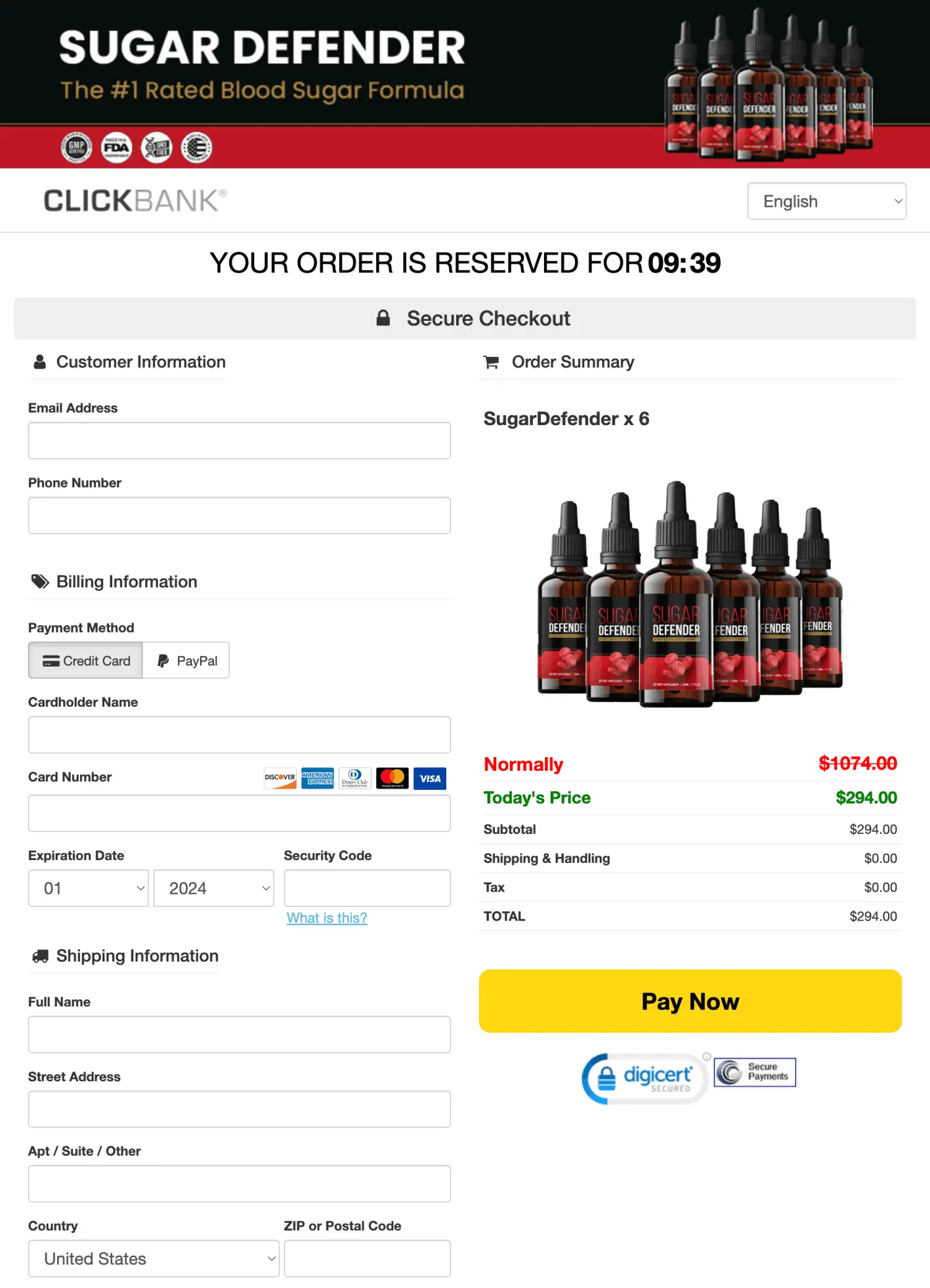 Sugar defender checkout page